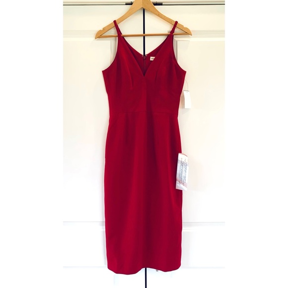 Dress the Population Cocktail Dress Lyla Midi Sheath Garnet Red Crepe Size Small - Picture 5 of 12